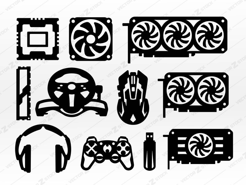 PC Gamer Vector Silhouettes, PC SVG, Gamer SVG, Graphic Card, Computer hardware icons