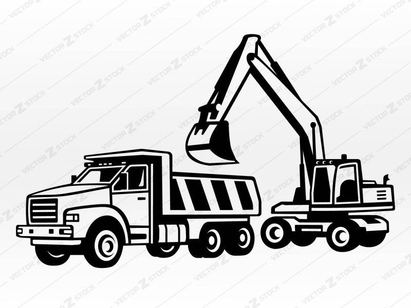 Dump Truck SVG Vector, Excavator Loading Dump Truck SVG, Truck SVG, Construction machines SVG