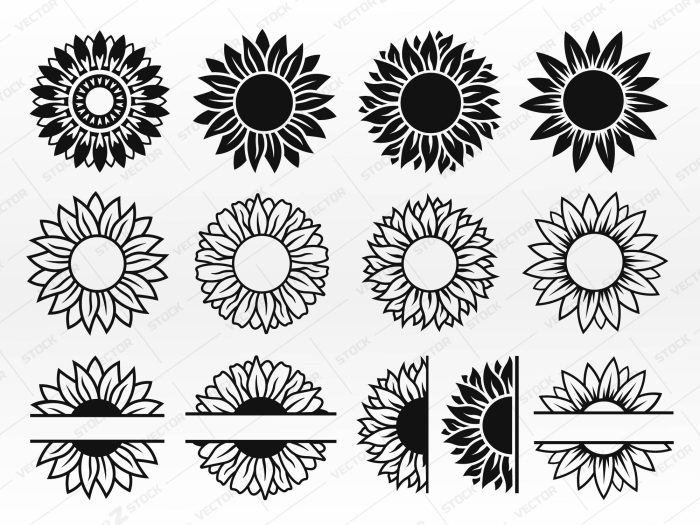 Sunflower SVG Vector Silhouettes, Sunflower SVG, Flower SVG, Monogram SVG, Nature SVG, Half Sunflower SVG, Mockup Sunflower SVG, Kids SVG, Design, Illustration, Style, Black, Color, Vector, SVG, illustration, Clip art, Silhouette, Vector