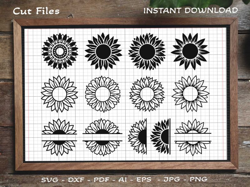 Sunflower SVG, Flower SVG, Monogram SVG, Nature SVG, Half Sunflower SVG, Mockup Sunflower SVG, Kids SVG, Design, Illustration, Style, Black, Color, Vector, SVG, illustration, Clip art, Silhouette, Vector