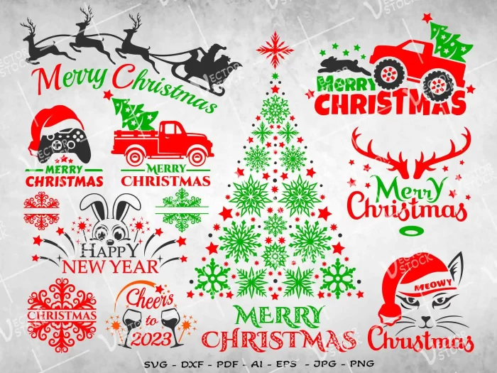 Christmas SVG Bundle, Christmas set SVG, Merry Christmas SVG, Christmas SVG, Meowy Christmas SVG, Christmas tree SVG, Christmas snowflake SVG, Santa's Sleigh SVG, Christmas Monster Truck SVG, Christmas Ornaments SVG, Winter SVG, New ear 2023 SVG, Christmas vector