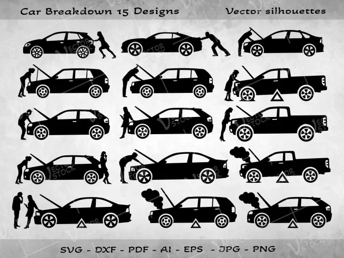 Car Breakdown SVG, Broken car SVG, Car Services SVG, Car Repair SVG, Car Breakdown icon, Car silhouette, Repair of a broken car SVG, Broken pickup SVG